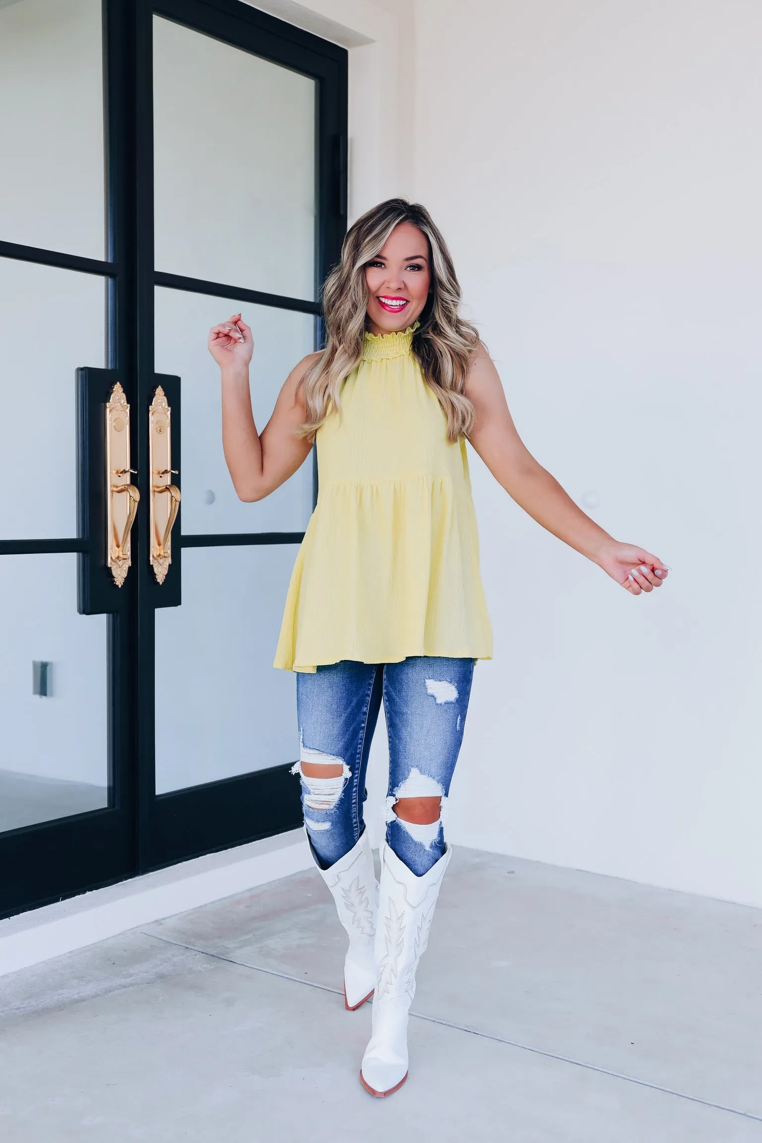 Pretty Please Mock Neck Ruffle Top - Yellow