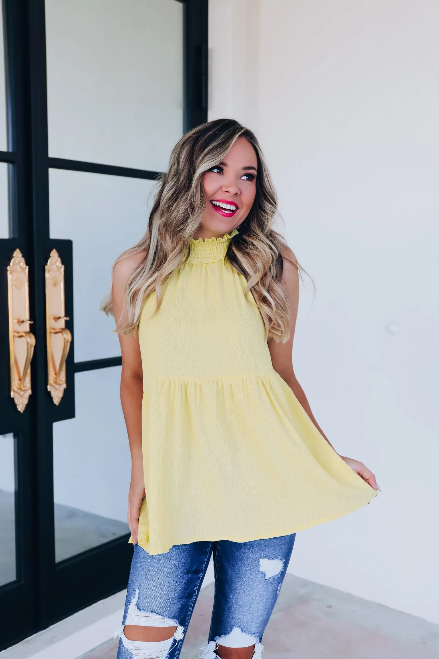 Pretty Please Mock Neck Ruffle Top - Yellow