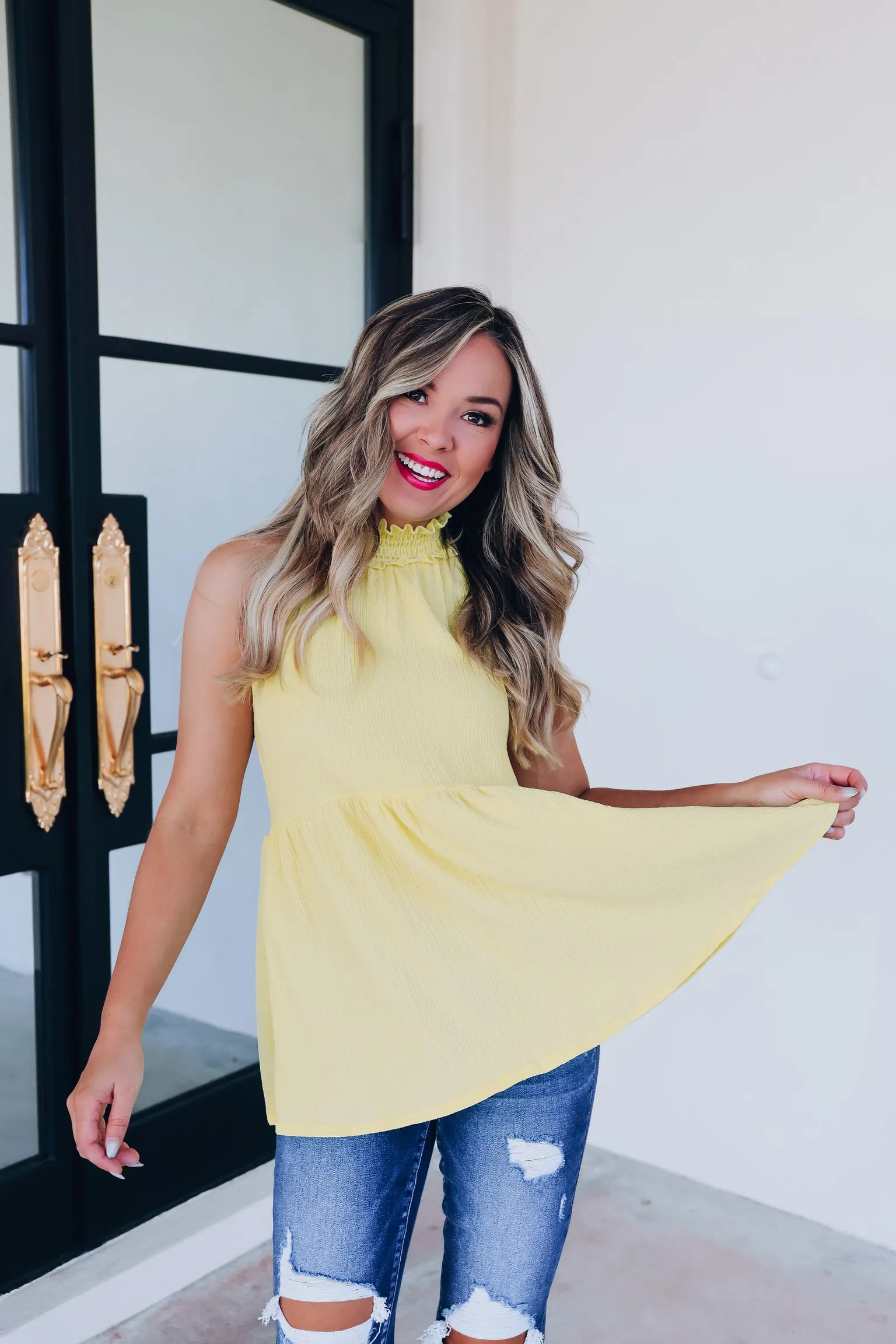 Pretty Please Mock Neck Ruffle Top - Yellow