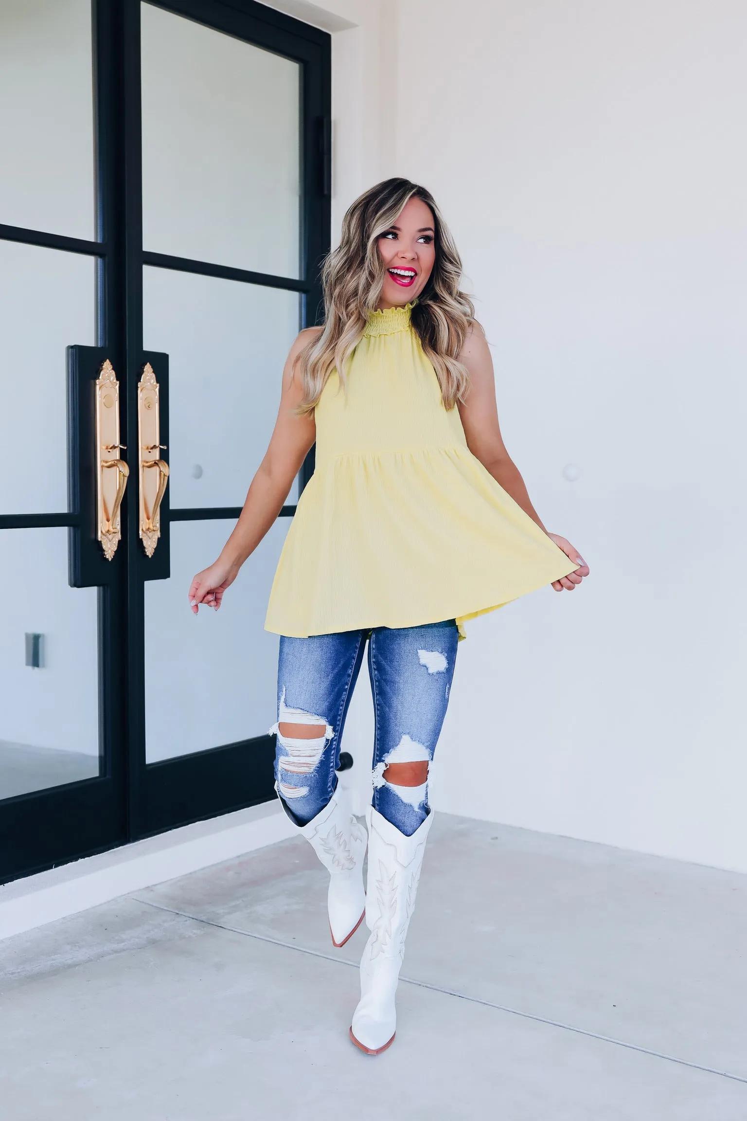 Pretty Please Mock Neck Ruffle Top - Yellow