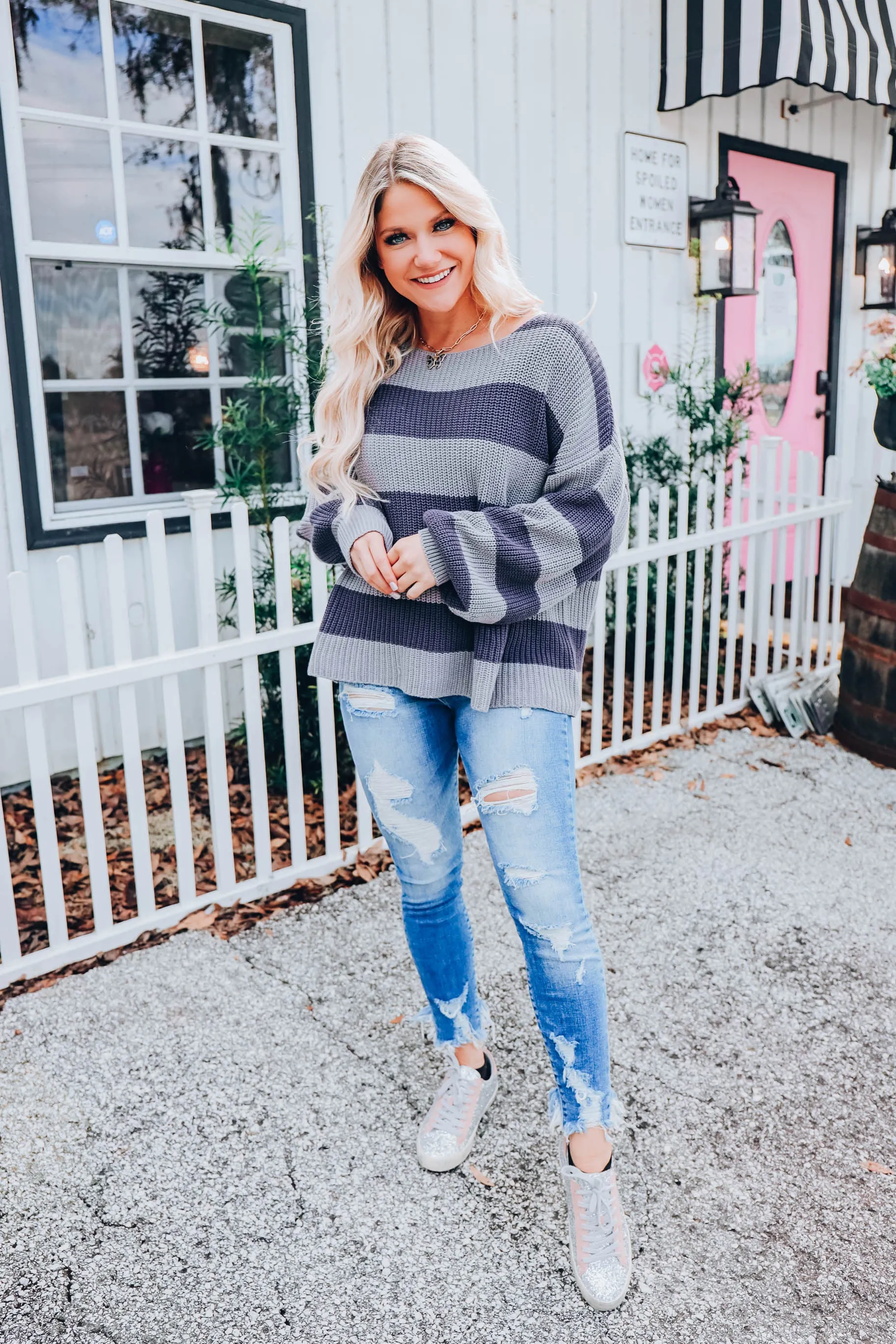 Puff Sleeve Striped Sweater - Blue