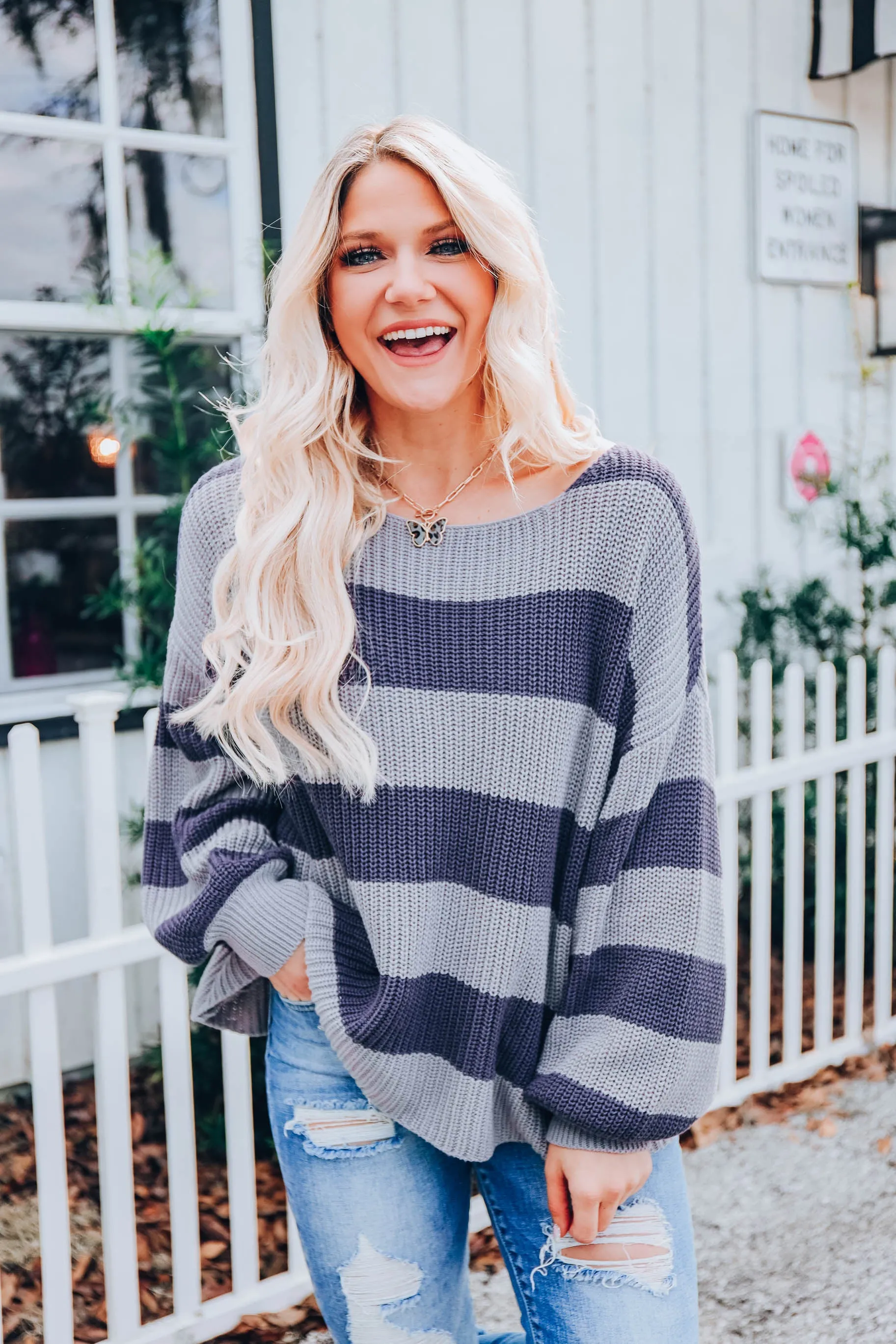 Puff Sleeve Striped Sweater - Blue