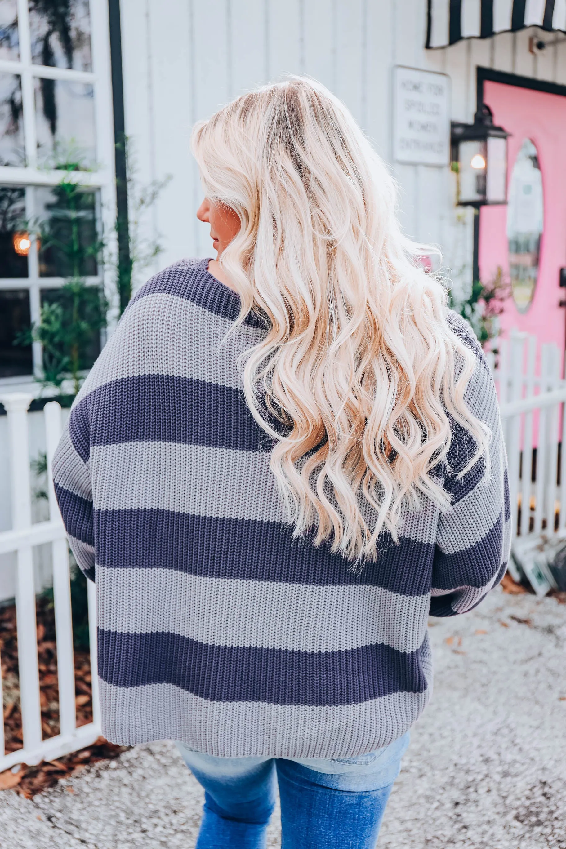 Puff Sleeve Striped Sweater - Blue