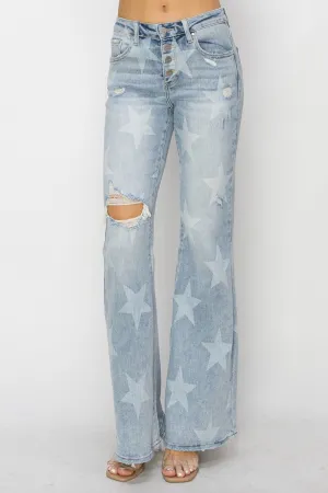 RISEN Mid Rise Button Fly Start Print Flare Jeans