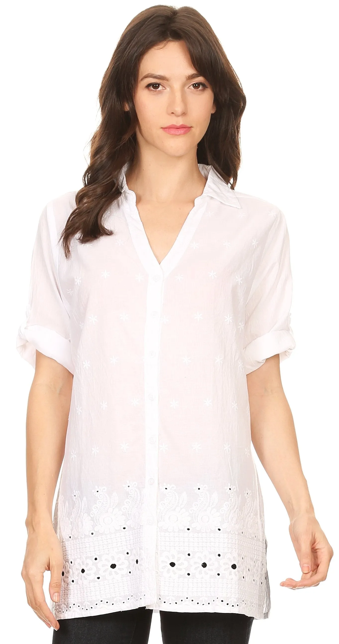 Sakkas Cecilia V-Neck Button Down 3/4 Sleeve Eyelet Shirt