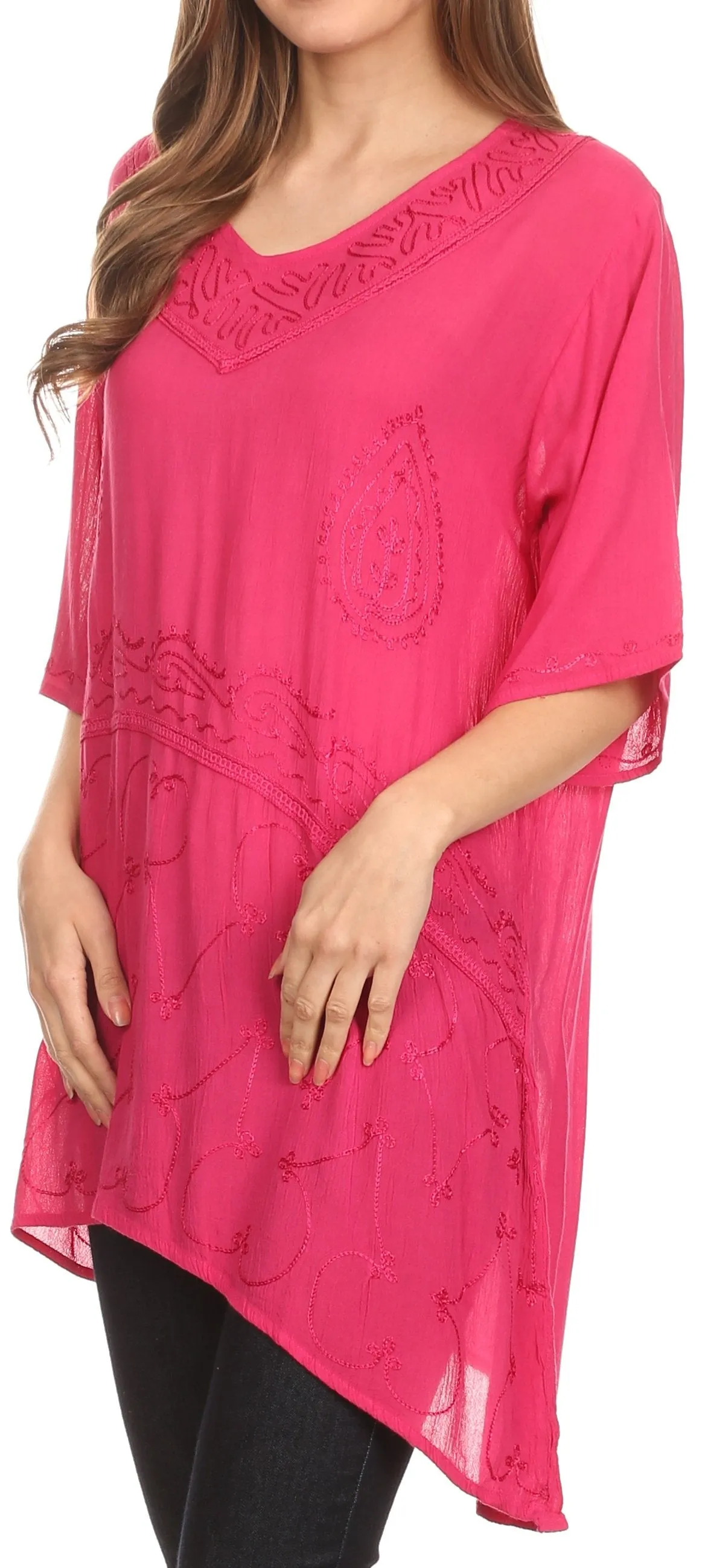 Sakkas Danta Lightweight Embroidered Asymmetrical Blouse With Mid Length Sleeve