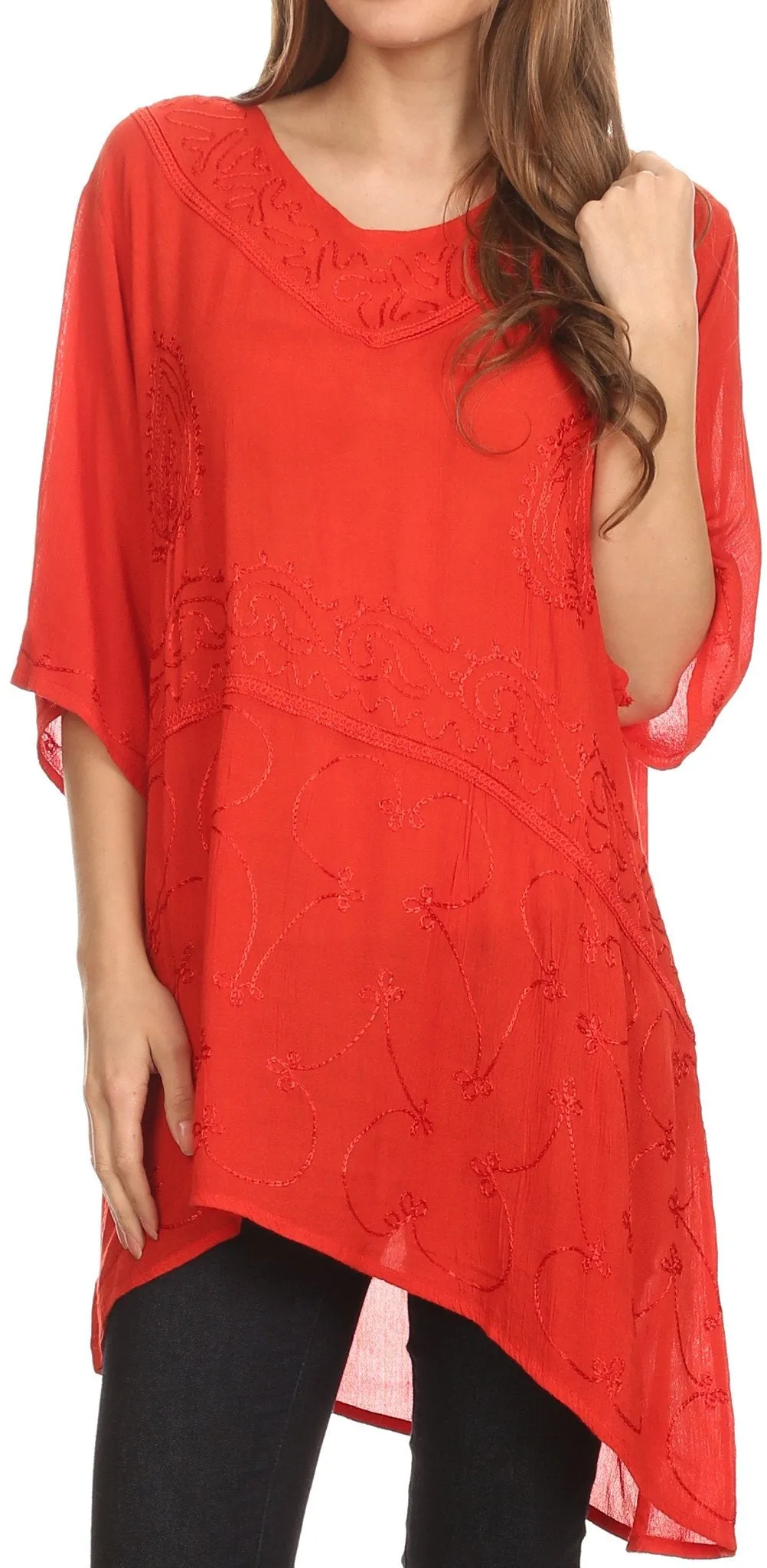 Sakkas Danta Lightweight Embroidered Asymmetrical Blouse With Mid Length Sleeve