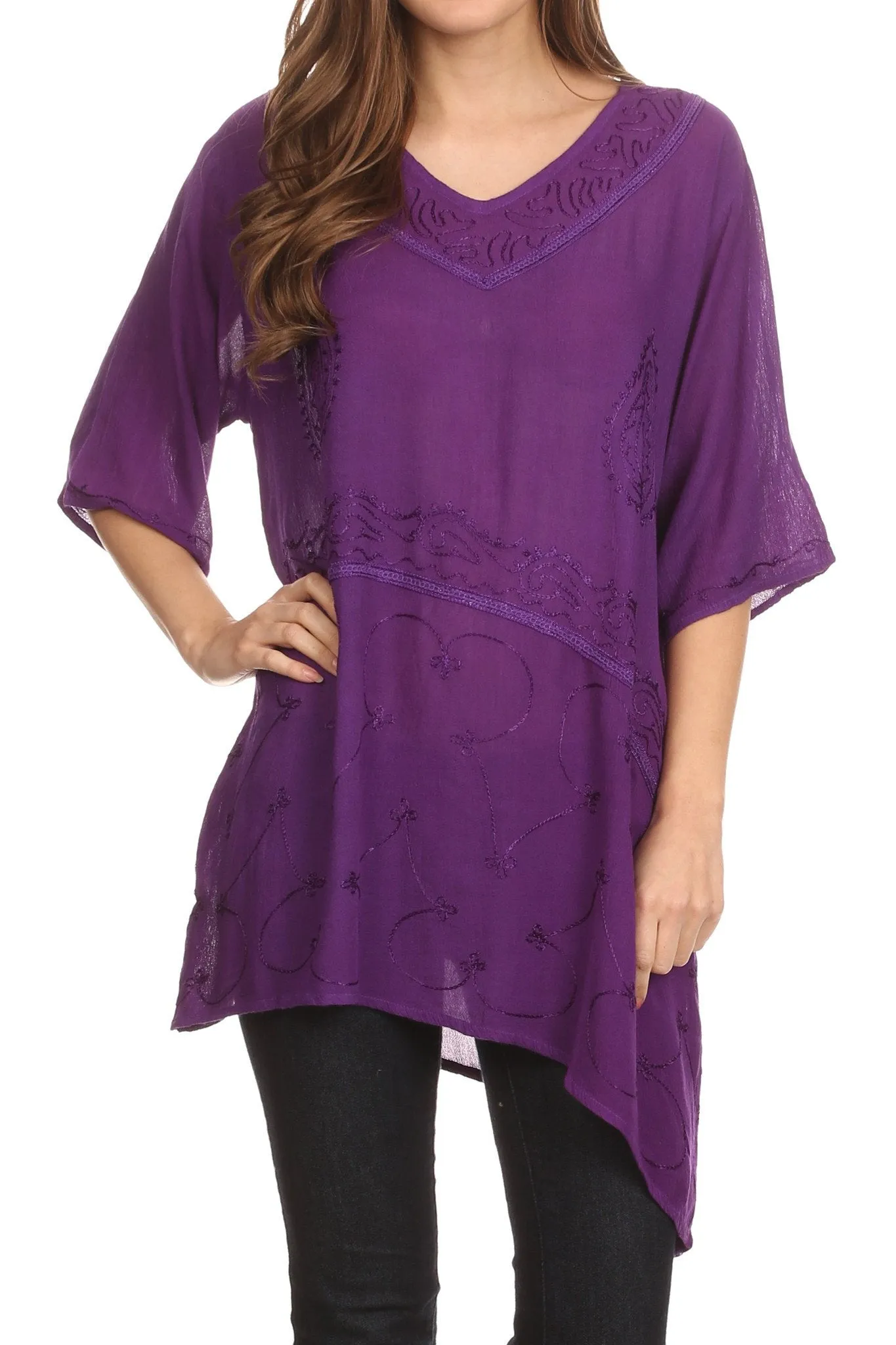 Sakkas Danta Lightweight Embroidered Asymmetrical Blouse With Mid Length Sleeve