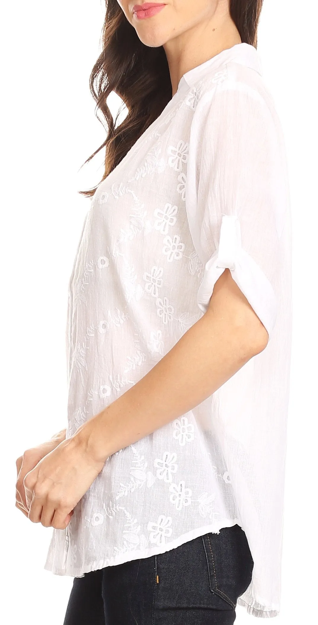 Sakkas Isabella V-Neck Button Up Roll Sleeve Floral Embroidered Shirt