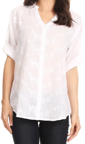 Sakkas Isabella V-Neck Button Up Roll Sleeve Floral Embroidered Shirt