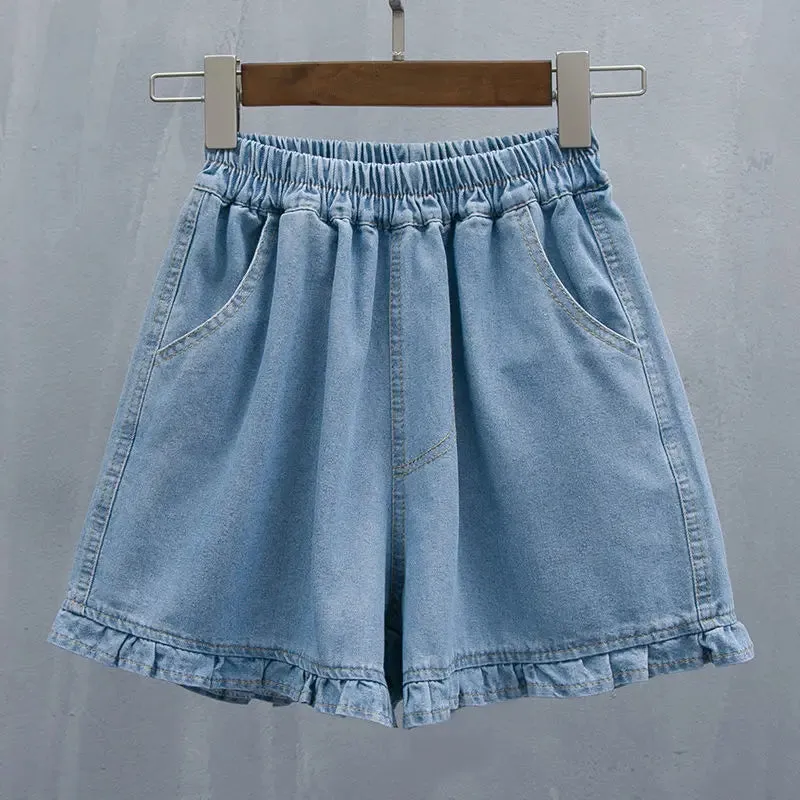 Short Pants for Woman To Wear Elastic Waist Women's Shorts Denim Mid Length Kawaii Cute Ruffle Knee Jeans Bermuda Half Outdoor