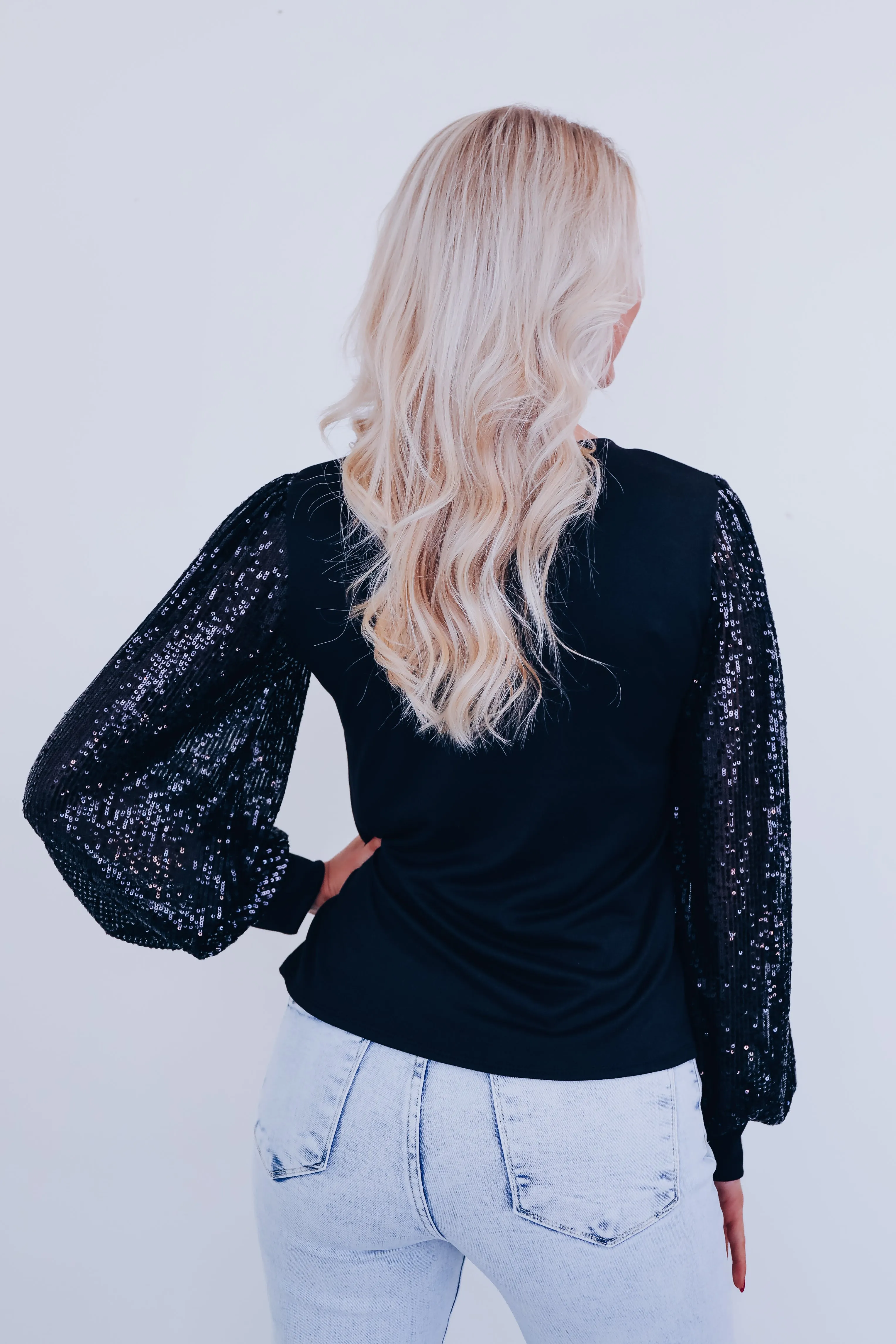 Simone Bell Sleeve Sequin Top - Black