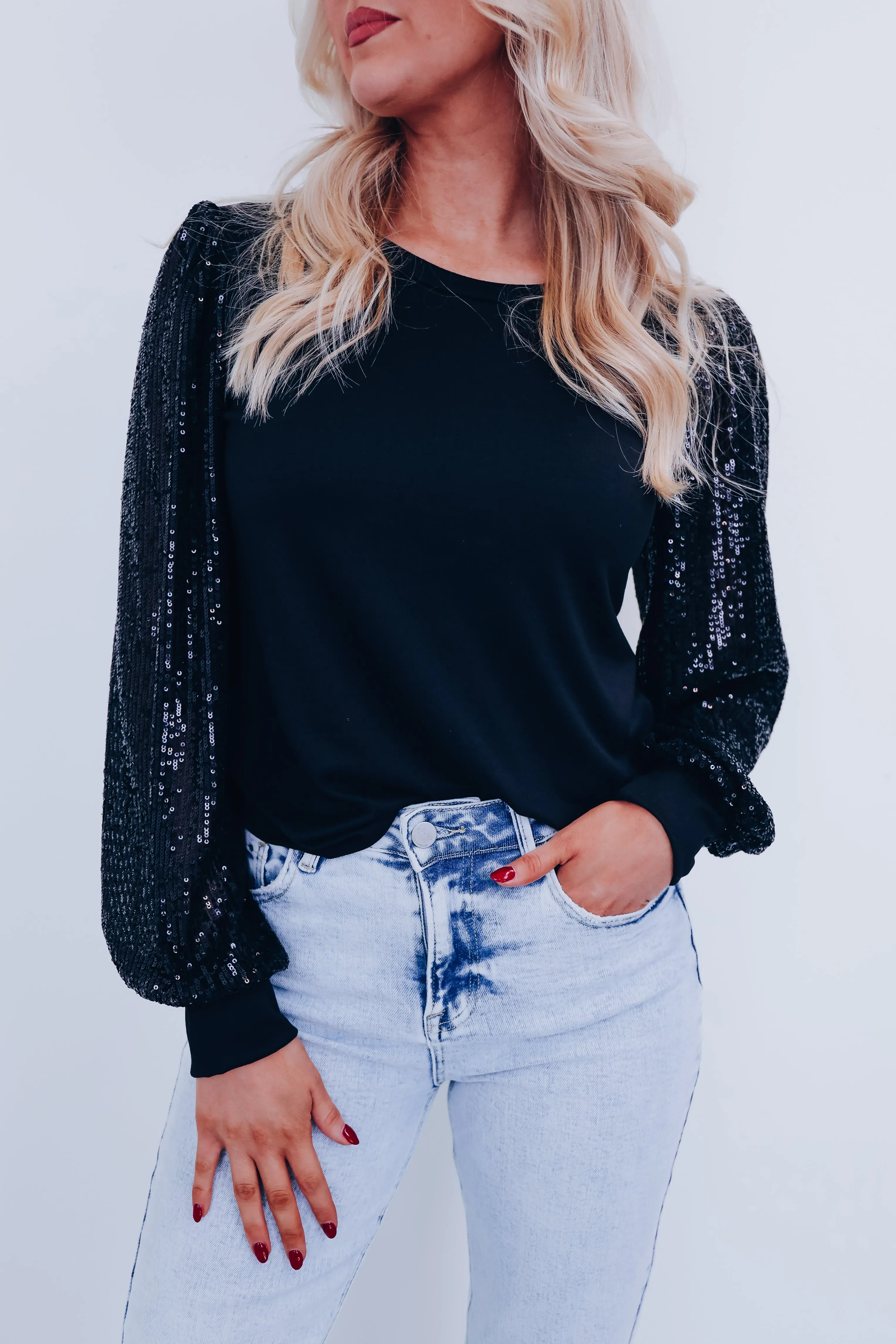 Simone Bell Sleeve Sequin Top - Black