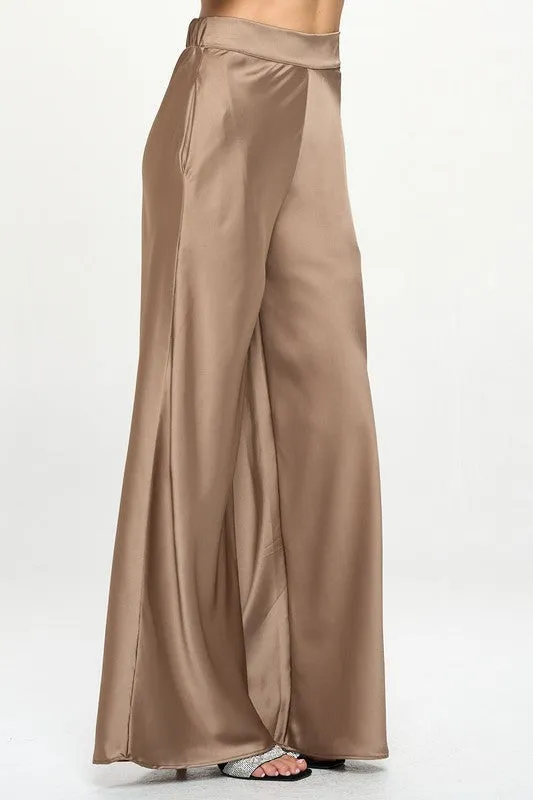 Stretch Satin Pants w/ Elastic Waist and Pockets.