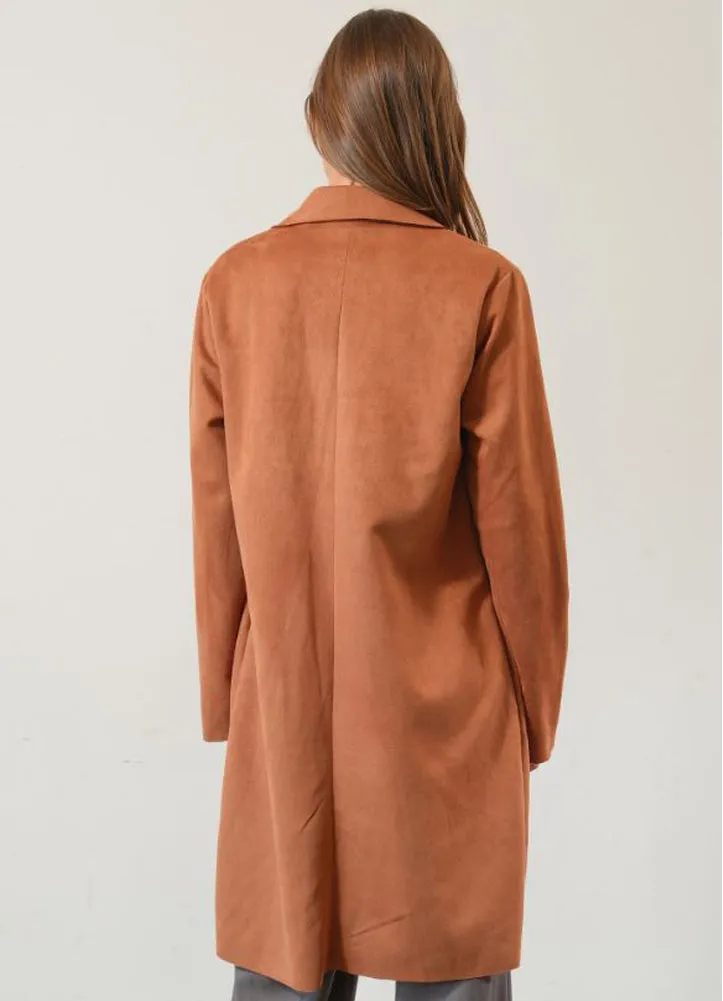 Suede Open Front Coat in Camel by Hyfve