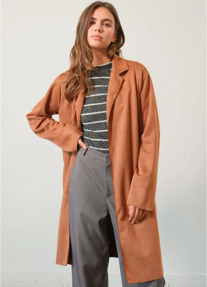 Suede Open Front Coat in Camel by Hyfve