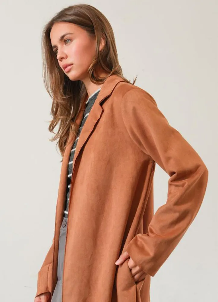 Suede Open Front Coat in Camel by Hyfve