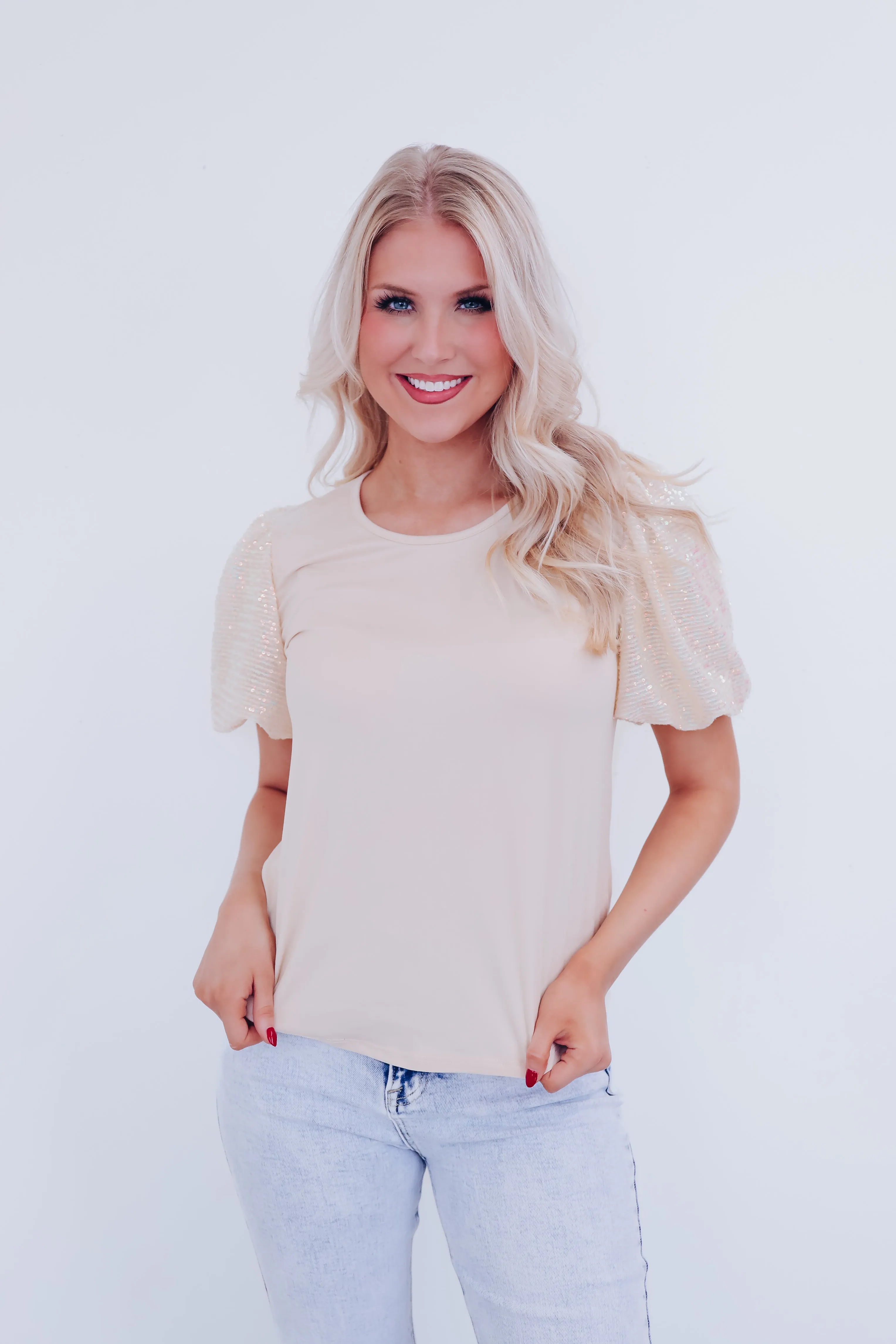 Sylvia Sequin Sleeve Top - Bone