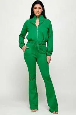 TRACK JACKET FLARED TRACK PANTS SET: GREEN / S