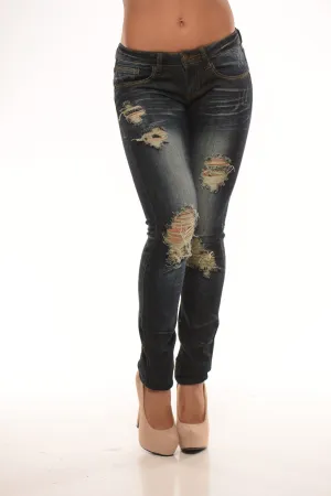 Ultra Low Rise Dark Wash Destroyed Jeans