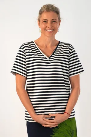 V Neck  Top Navy White Stripe