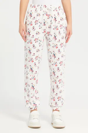 White Cream Ditsy Print Track Pants