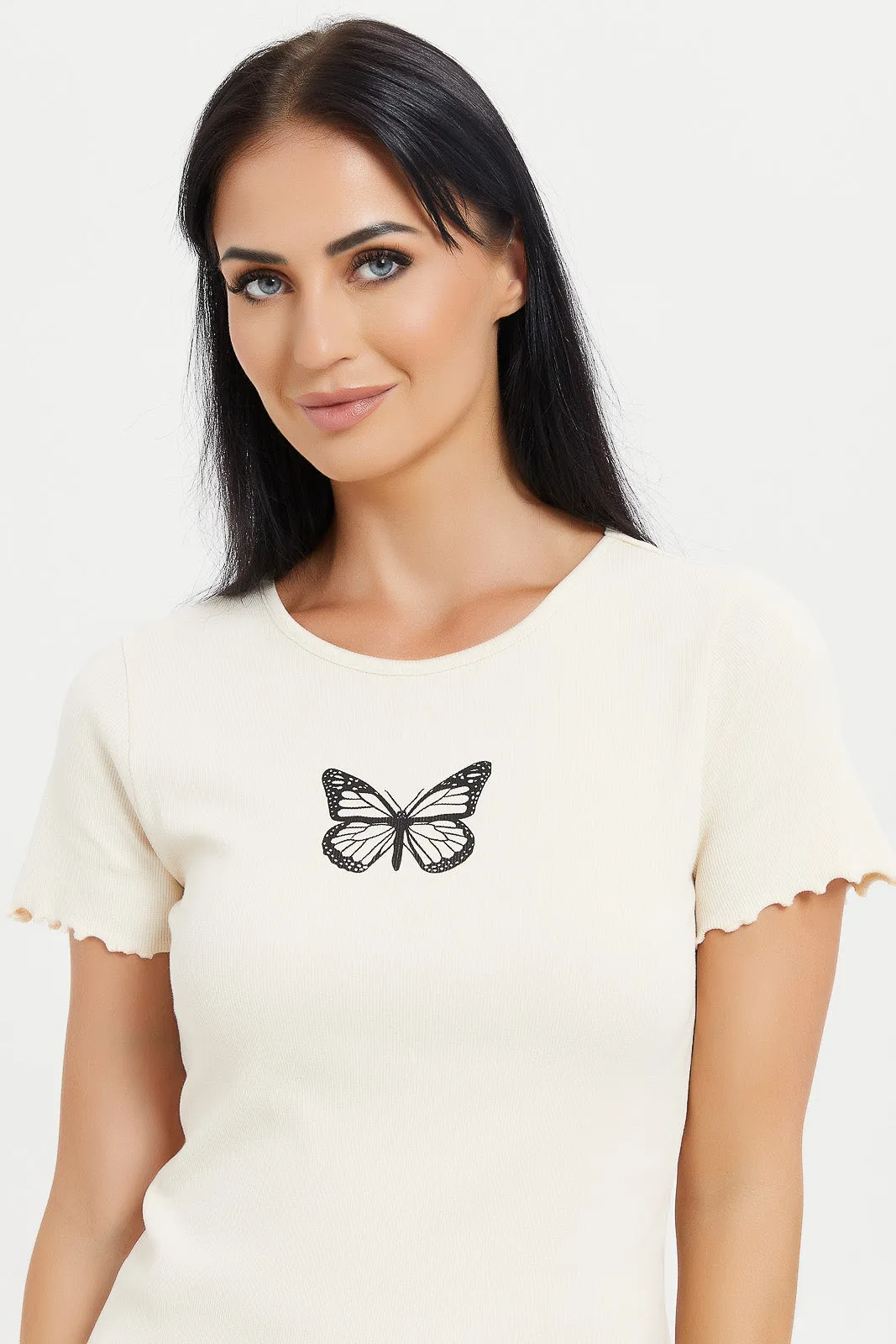 Women Cream Printed Ribbed T-Shirt