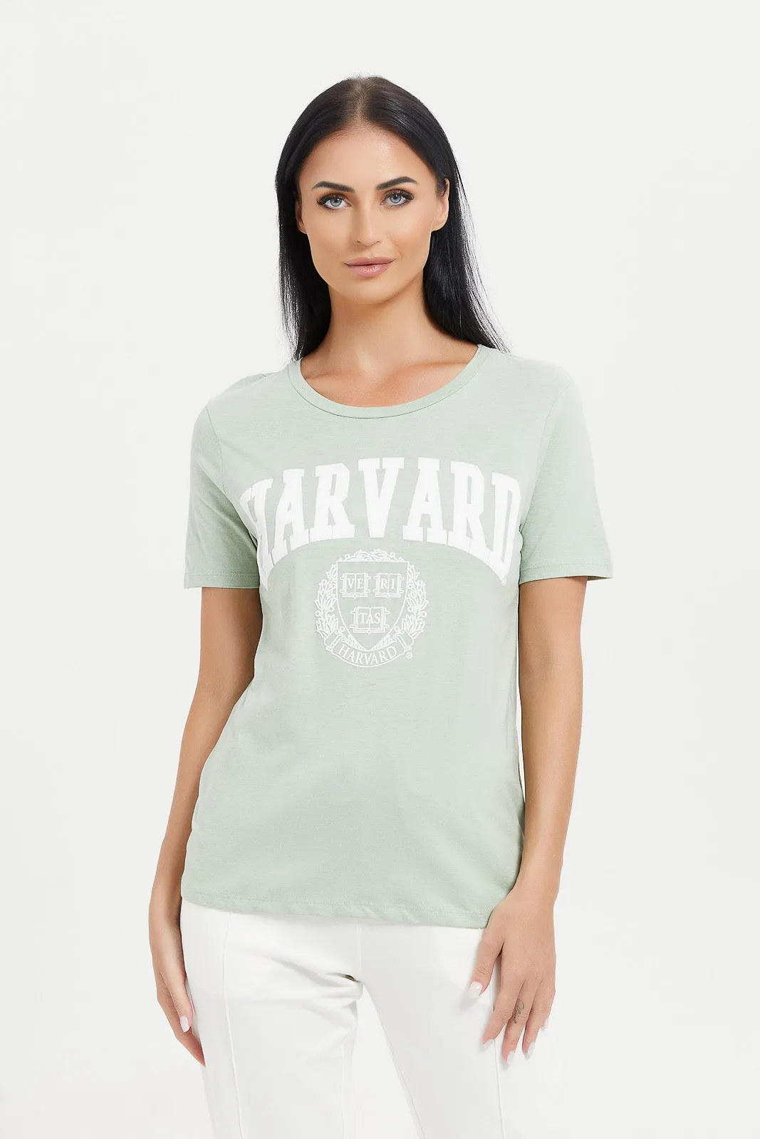 Women Green Harvard Printed T-Shirt