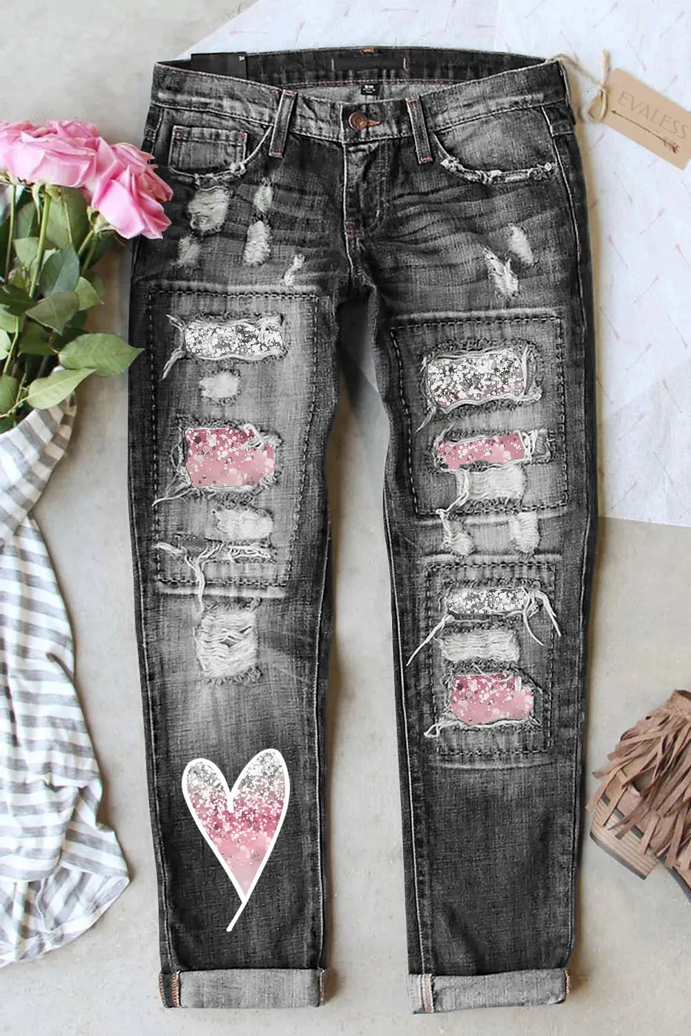 Women's Ripped Boyfriend Jeans Heart Print Distressed Denim Pants