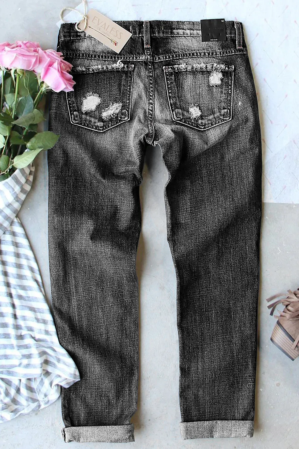 Women's Ripped Boyfriend Jeans Heart Print Distressed Denim Pants