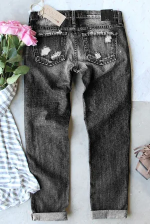 Women's Ripped Boyfriend Jeans Heart Print Distressed Denim Pants