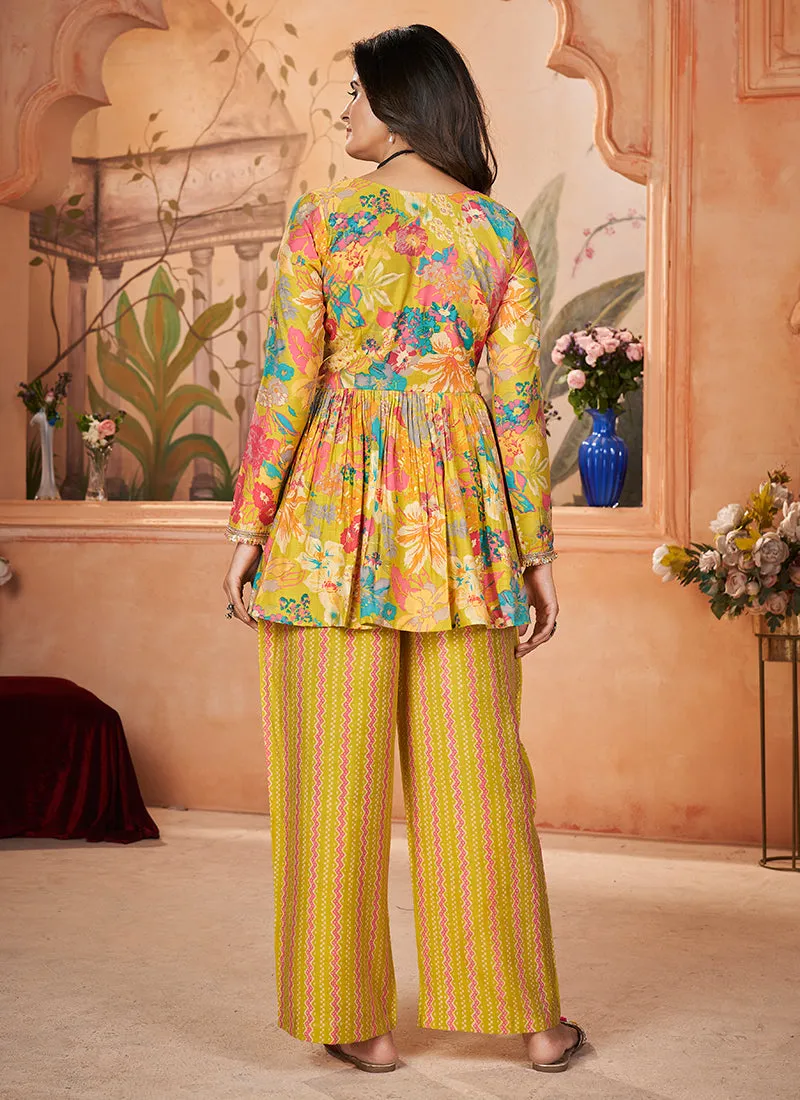 Yellow Digital Printed Peplum Pant Style Suit