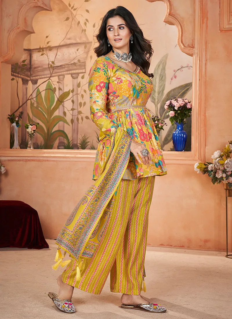 Yellow Digital Printed Peplum Pant Style Suit